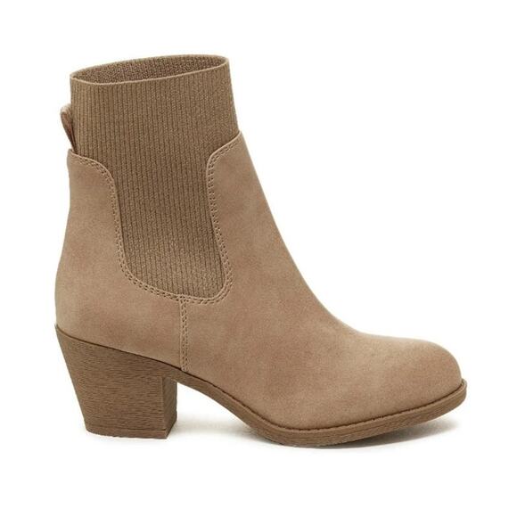 Violet & Red Loaded Knit Cuff Bootie Block Heel Faux Suede Tan Womens Size US5.5 - Picture 1 of 7